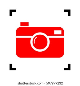 Digital photo camera sign. Vector. Red icon inside black focus corners on white background. Isolated.