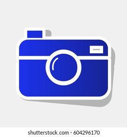 Digital photo camera sign. Vector. New year bluish icon with outside stroke and gray shadow on light gray background.