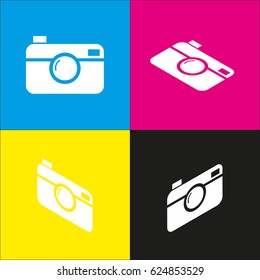 Digital photo camera sign. Vector. White icon with isometric projections on cyan, magenta, yellow and black backgrounds.