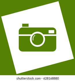 Digital photo camera sign. Vector. White icon obtained as a result of subtraction rotated square and path. Avocado background.