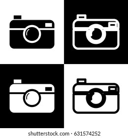 Digital photo camera sign. Vector. Black and white icons and line icon on chess board.