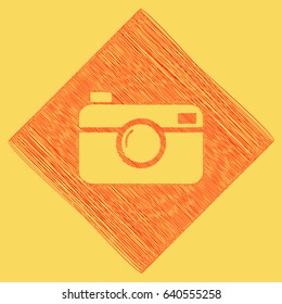 Digital photo camera sign. Vector. Red scribble icon obtained as a result of subtraction rhomb and path. Royal yellow background.