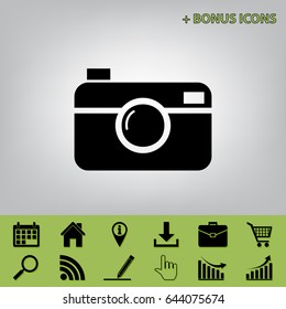 Digital photo camera sign. Vector. Black icon at gray background with bonus icons at celery ones