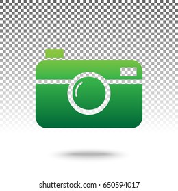 Digital photo camera sign. Vector. Green gradient icon with shadow at bottom on transparent and white background.