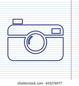 Digital photo camera sign. Vector. Navy line icon on notebook paper as background with red line for field.