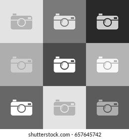 Digital photo camera sign. Vector. Grayscale version of Popart-style icon.