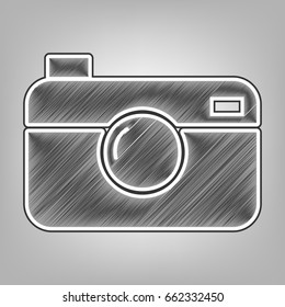 Digital photo camera sign. Vector. Pencil sketch imitation. Dark gray scribble icon with dark gray outer contour at gray background.