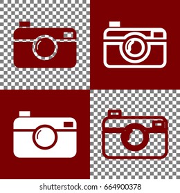 Digital photo camera sign. Vector. Bordo and white icons and line icons on chess board with transparent background.