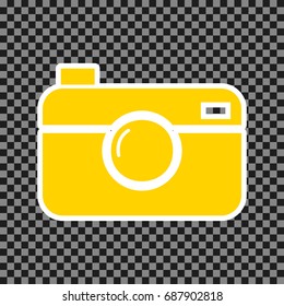 Digital photo camera sign. Vector. Yellow icon with white contour on dark transparent background.