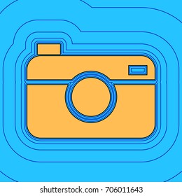 Digital photo camera sign. Vector. Sand color icon with black contour and equidistant blue contours like field at sky blue background. Like waves on map - island in ocean or sea.