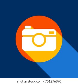 Digital photo camera sign. Vector. White icon on tangelo circle with infinite shadow of light at cool black background. Selective yellow and bright navy blue are produced.