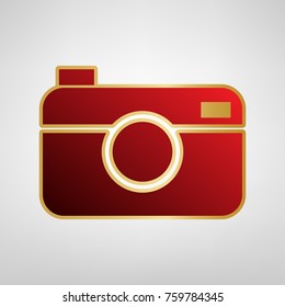 Digital photo camera sign. Vector. Red icon on gold sticker at light gray background.