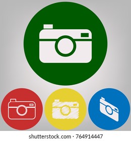 Digital photo camera sign. Vector. 4 white styles of icon at 4 colored circles on light gray background.