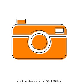 Digital photo camera sign. Vector. Black line icon with shifted flat orange filled icon on white background. Isolated.