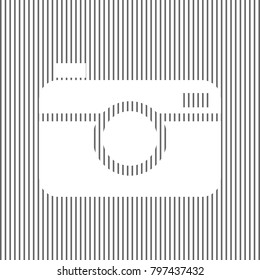 Digital photo camera sign. Vector. White icon on grayish striped background. Optical illusion.