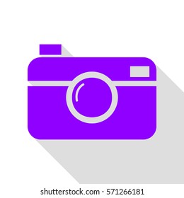 Digital photo camera sign. Violet icon with flat style shadow path.