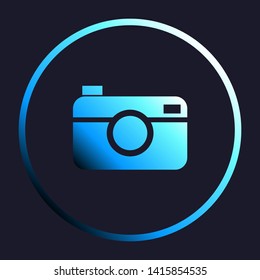 Digital photo camera sign. White, cyan and blue gradient icon as round button in white shell at dark blue background. Illustration.