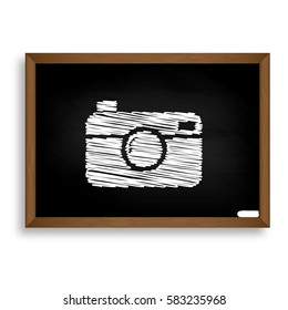 Digital photo camera sign. White chalk icon on black school boar