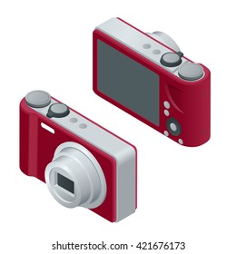 Digital photo camera. SLR camera.  The objects are isolated against the white background and shown from different sides. Flat 3d vector isometric illustration.