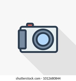 Digital photo camera thin line flat color icon. Linear vector illustration. Pictogram isolated on white background. Colorful long shadow design.