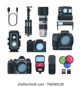 Digital photo and video cameras in cartoon style. Professional equipment. Photo and video professional camera, vector illustration