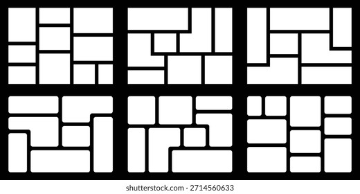 Modelo de parede de foto digital com grade de quadros vazios. Padrão de blocos geométricos para colagem de fotos, layout do site, etc. Organismos de quadros de azulejos na moda e modelos de apresentação para mídias sociais. 