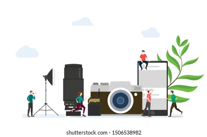 digital photography concept with some tools and icon for photograph and people social media with modern flat style - vector