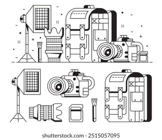 Ícones de fotografia digital com equipamento de fotógrafo profissional. Como câmera, lente, softbox, kit de limpeza e saco de fotos. Banner conceito do Photostudio na arte da linha. Coleção de coisas da foto.