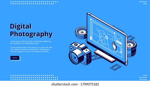 Digital photography isometric landing page. Courses, classes and tutorials for photographers, school or workshop. Photo camera with lenses and film front of Pc desktop, 3d vector line art web banner