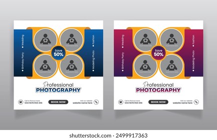 Digital photography service social media post design and square web banner template