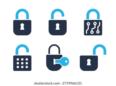 Conjunto de ícones de Cadeado Digital e Físico. Ícones da série de glifos sólidos