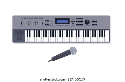 Digital piano synthesizer and microphone. Vector flat illustration.