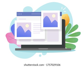 Digital picture gallery watching on photo album online using laptop computer or pc with internet web electronic photography images web files vector flat cartoon on colorful background illustration