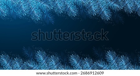 Digital pine branches form top and bottom border on dark background. Glowing blue tech-style Christmas frame. Modern holiday backgrounds, banners, and seasonal branding visuals. Vector illustration