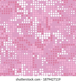 Digital pink background. Seamless camouflage pattern for your design. Vector camo texture in polka dots.