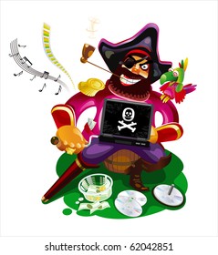 Digital pirate with a laptop to play music and videos.