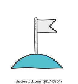 A digital pixel art icon showing a simple white flag standing atop a small blue hill isolated on a white background