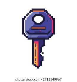 Una ilustración digital de pixel art de una llave, con una mezcla de tonos púrpura, azul y naranja, sobre un fondo blanco limpio.