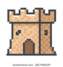 A digital pixel art style illustration of a sandcastle with battlements and a central doorway