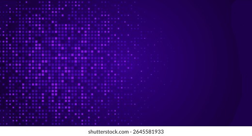 Digital pixel background. Glowing purple squares on dark backdrop. Abstract tech banner. Finance grid. Business bg. Blue mosaic. Futuristic, tech-style template. Vector Illustration.