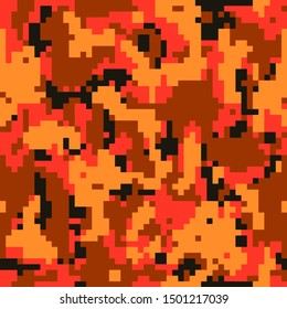 Digital Pixel Camo, Seamless Pattern For Your Design. Bright Orange Coloring Camouflage, Modern Fabric Print. Abstract Repeating Wallpapers. Vector Texture