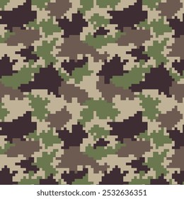 Digital pixel camuflagem sem emenda tecido padrão de impressão. Desenho têxtil militar em Woodland. Moderno uniforme de camo para soldados na guerra. Militaristic wallpaper ilustração vetor plana.