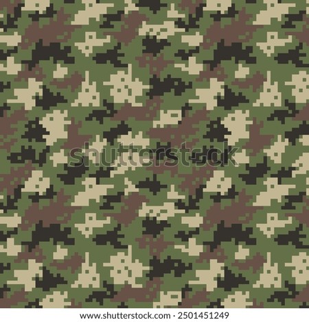 Digital Pixel Camouflage seamless fabric print pattern. Hunting digital pixel tiles. Woodland military textile. Modern camo uniform for war soldiers. Multicolor militaristic wallpaper vector.