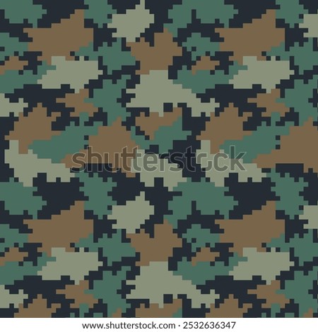 Digital pixel camouflage seamless fabric print pattern. Woodland military textile design. Modern camo uniform for soldiers in the war. Militaristic wallpaper flat vector illustration.