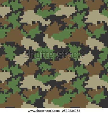 Digital pixel camouflage seamless fabric print pattern. Woodland military textile design. Modern camo uniform for soldiers in the war. Militaristic wallpaper flat vector illustration.