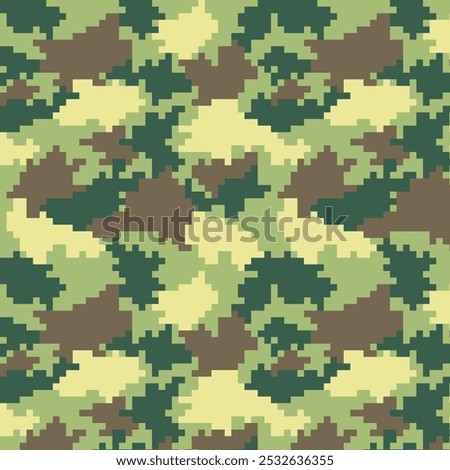 Digital pixel camouflage seamless fabric print pattern. Woodland military textile design. Modern camo uniform for soldiers in the war. Militaristic wallpaper flat vector illustration.