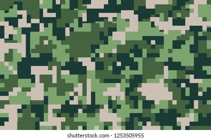 Digital pixel camouflage, seamless texture. Military modern uniform. Green woodland camo, repeat print. Vector background