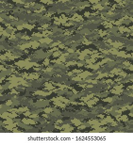 Digital pixel camouflage texture seamless pattern. Abstract camo geometric endless ornament for army and hunting textile print. Vector illustration.