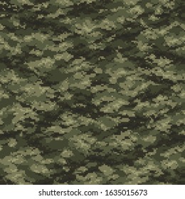 Digital pixel camouflage texture seamless pattern. Abstract camo geometric endless ornament for army and hunting textile print. Vector illustration.