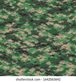 Digital pixel camouflage texture seamless pattern. Abstract camo geometric endless ornament for army and hunting textile print. Vector illustration.